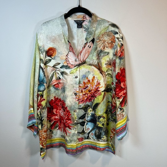 Citron Santa Monica Chrysanthemum Butterfly Silk Blend Button Up Blouse Shirt XL - Picture 2 of 14